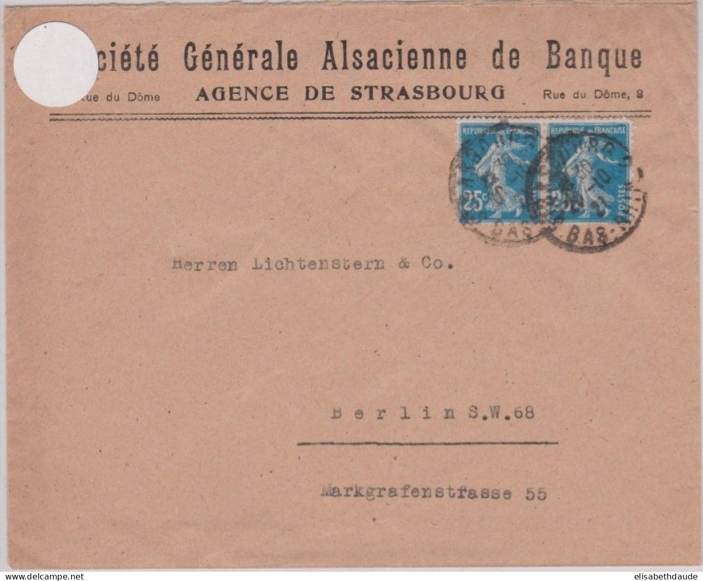 1921 - ENVELOPPE COMMERCIALE ( SOCIETE GENERALE ALSACIENNE DE BANQUE ) De STRASBOURG ( BAS-RHIN ) - 1906-38 Säerin, Untergrund Glatt