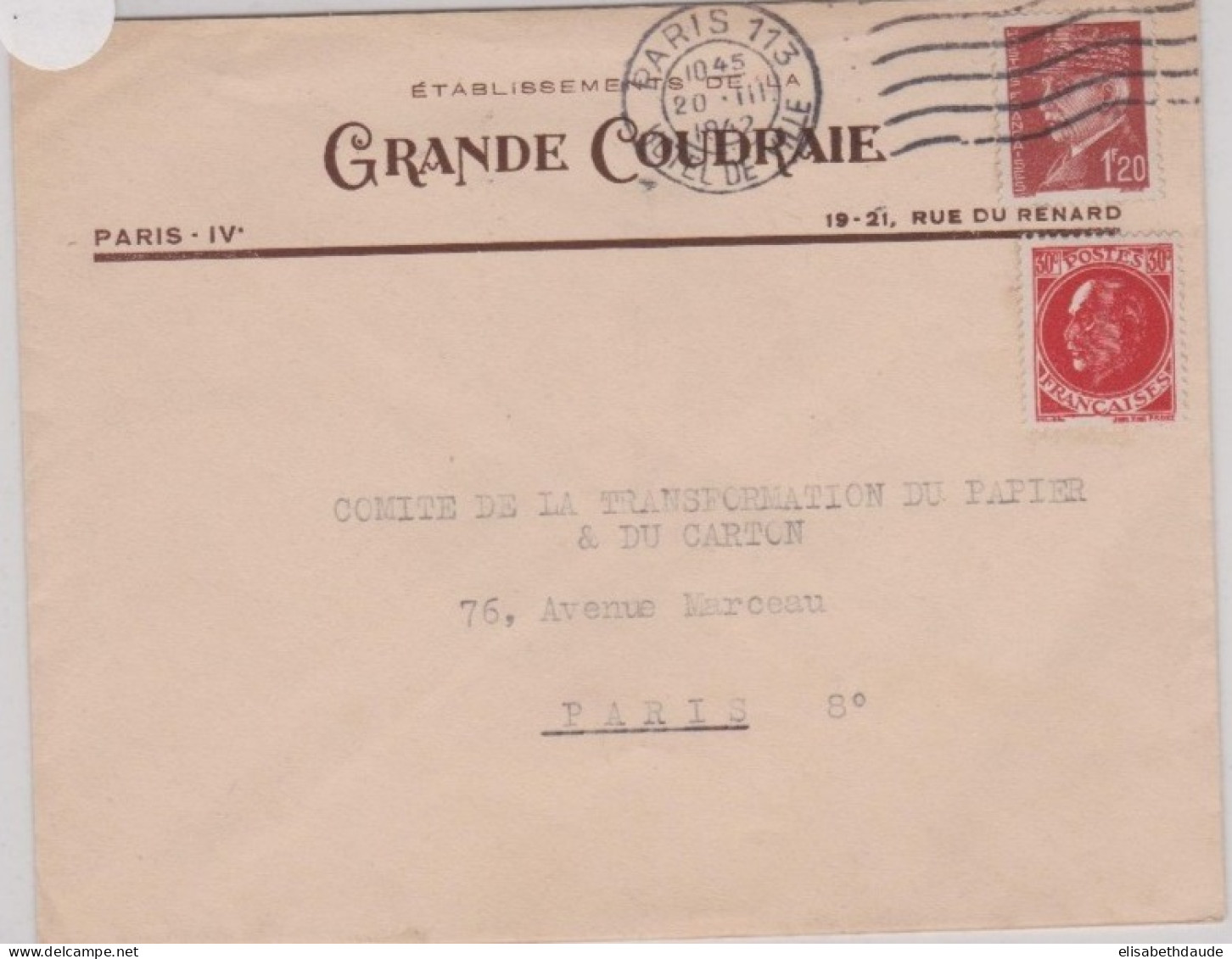 1942 - ENVELOPPE COMMERCIALE ( GRANDE COUDRAIE ) De PARIS - 1941-42 Pétain