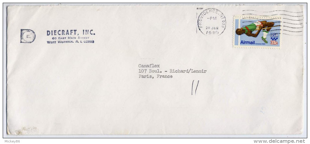 ETATS-UNIS--1980--lettre De PROVIDENCE Pour  PARIS( France )---joli Timbre"saut En Hauteur" Seul Sur Lettre- Cachet-- - Briefe U. Dokumente