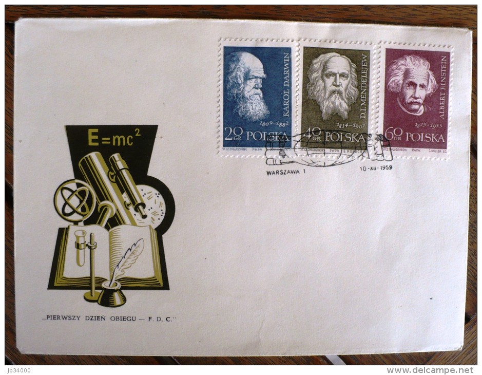 POLOGNE  Albert Einstein, Physique, Physic, Prix Nobel, Nobel Prize FDC Du 10/12/1959. + DARWIN, MENDELEJEW (Yvert 997) - Albert Einstein