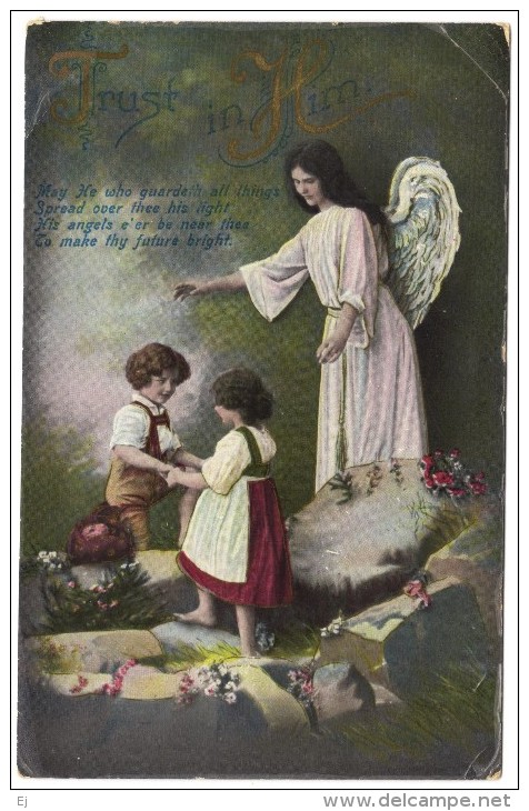 ´Trust In Him´ - Beautiful Angel Guarding Children - Colour Postcard 1913 - Angels