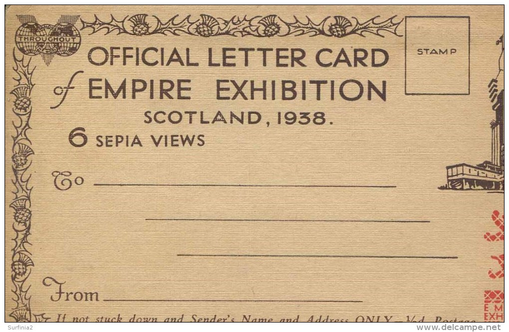 1938 SCOTLAND EXHIBITION - OFFICIAL LETTER CARD Gls47 - Exhibitions