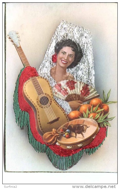 SPANISH SILK POSTCARD - WOMAN And GUITAR - Other & Unclassified