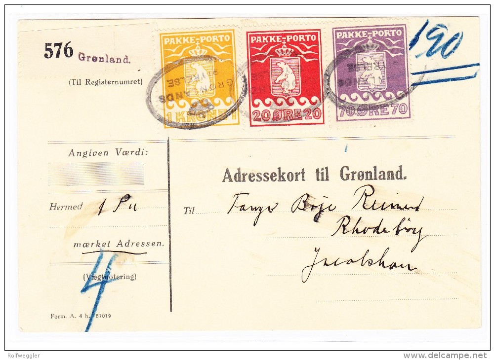 GRÖNLAND - R-Paketkarte 1 Krone, 70 Und 20 Ore Mit Attest - Pacchi Postali