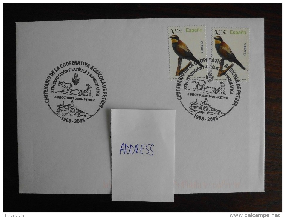 Spain 2008 - Letter With Stamps Birds European Bee-eater + Special Postmark Centenary Agricultural Circle Petrer - Autres & Non Classés