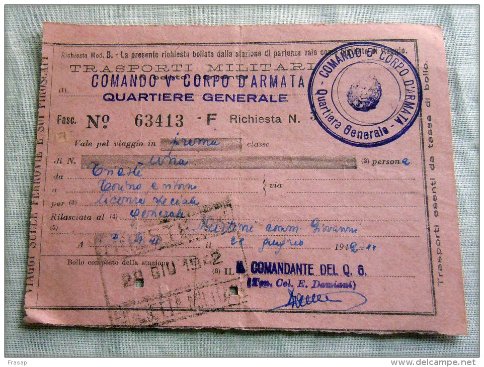 RARO BIGLIETTO V CORPO D ARMATA QUARTIER GENERALE   MILITARI 1 CLASSE  1942 - Railway