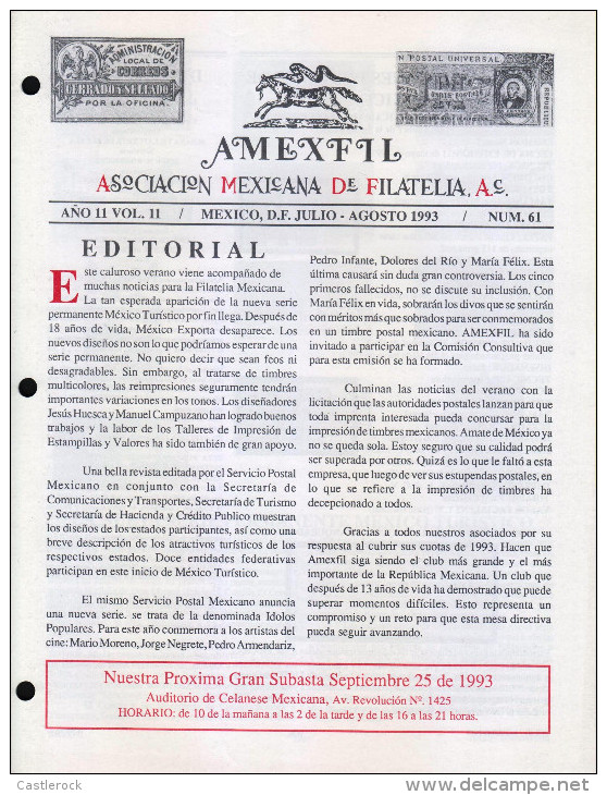 G)1993 MEXICO, AMEXFIL MAGAZINE, SPECIALIZED IN MEXICAN STAMPS, YEAR 11 VOL. 11-JUL-AUG- 1993-NUM. 61, XF - Espagnol