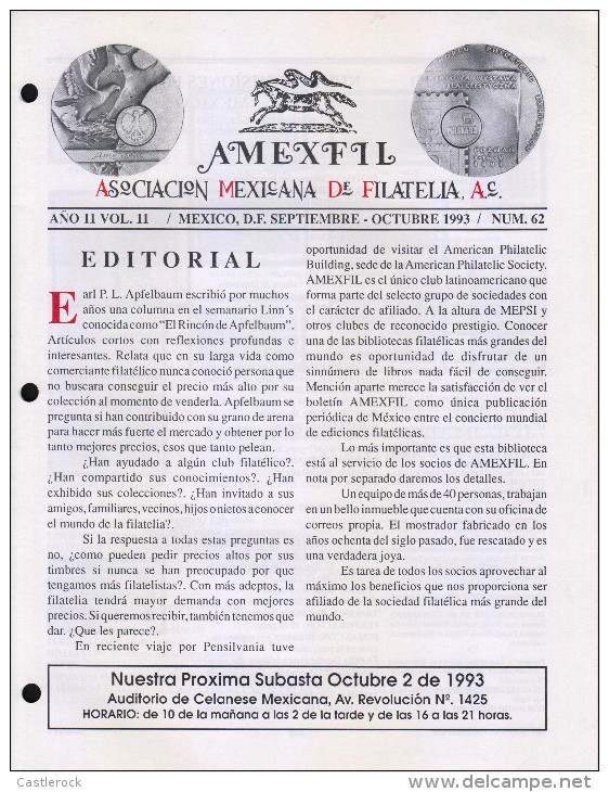 G)1993 MEXICO, AMEXFIL MAGAZINE, SPECIALIZED IN MEXICAN STAMPS, YEAR 11 VOL. 11-SEP-OCT- 1993-NUM. 62, XF - Spagnolo