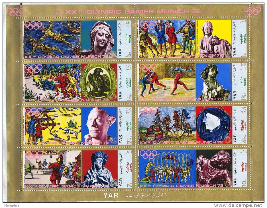 1970 Nord  Yémen YAR  Sapporo '72 Sports Moyen-Age  Tableaux Et Sculptures Feuillet 8 Timbres  MiNr 1371-8 Bloc 163* MH - Yémen