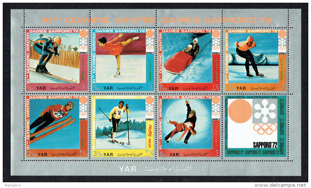 1970 Nord  Yémen YAR  Sapporo ´72  Ski, Patin, Bobsled  Feuillet 7 Timbres, 1 Vignette,MiNr 1440-6, * - Yemen