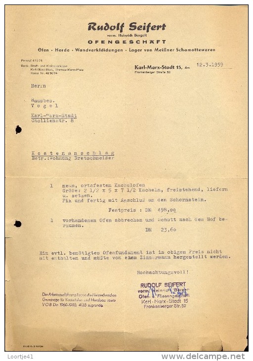 Faktuur Facture Rechnung - Rudolf Seifert - Ofengeschaft -  Karl Marx Stadt - ( Chemnitz ) 1959 - Otros & Sin Clasificación