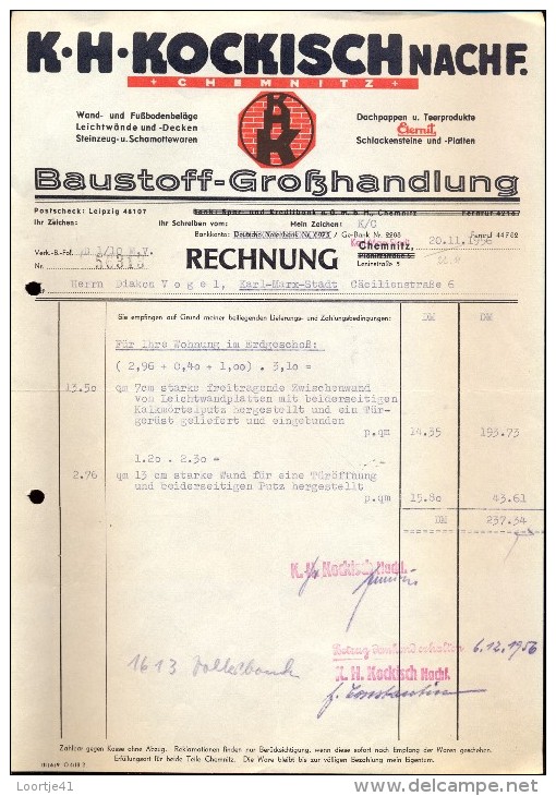 Faktuur Facture Rechnung - K.H. Kockisch - Baustoff -  Karl Marx Stadt - ( Chemnitz ) 1956 - Other & Unclassified