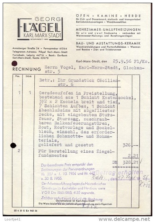 Faktuur Facture Rechnung - Georg Lagel - Ofen -  Karl Marx Stadt - ( Chemnitz ) 1956 - Sonstige & Ohne Zuordnung