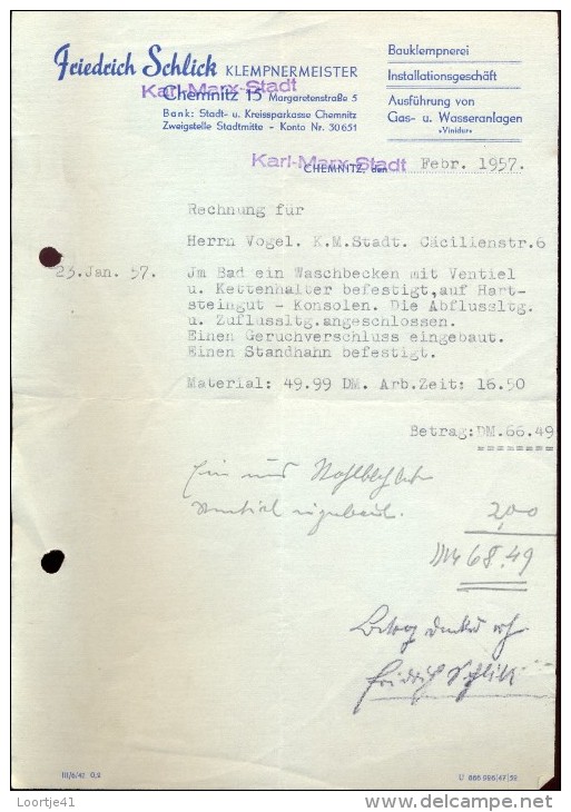 Faktuur Facture Rechnung - Friedrich Schlick - Klempnermeister - Karl Marx Stadt - ( Chemnitz ) 1957 - Other & Unclassified