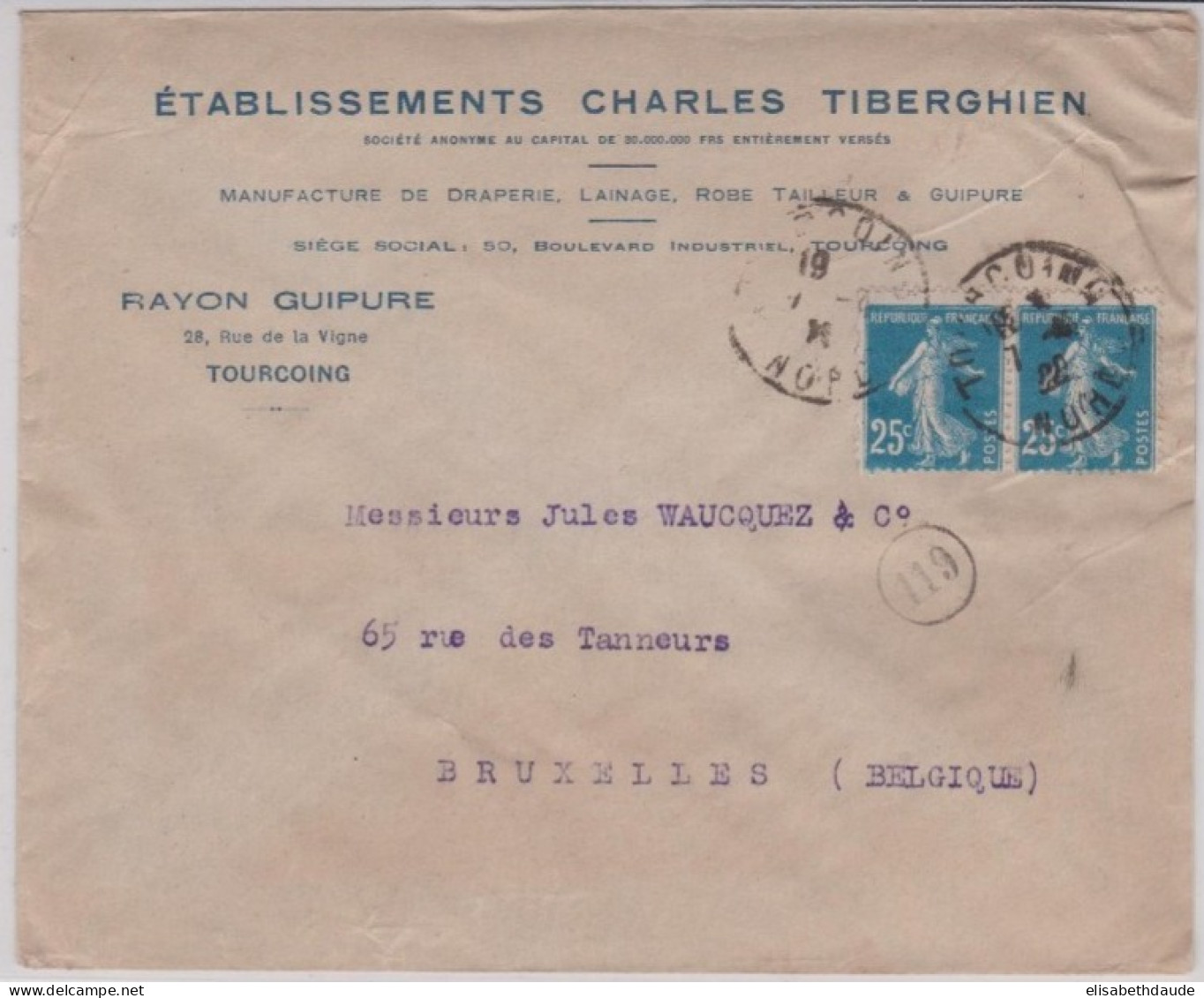 1922 - ENVELOPPE COMMERCIALE ( ETABLISSEMENTS CHARLES TIBERGHIEN ) De TOURCOING ( NORD ) - 1906-38 Sower - Cameo