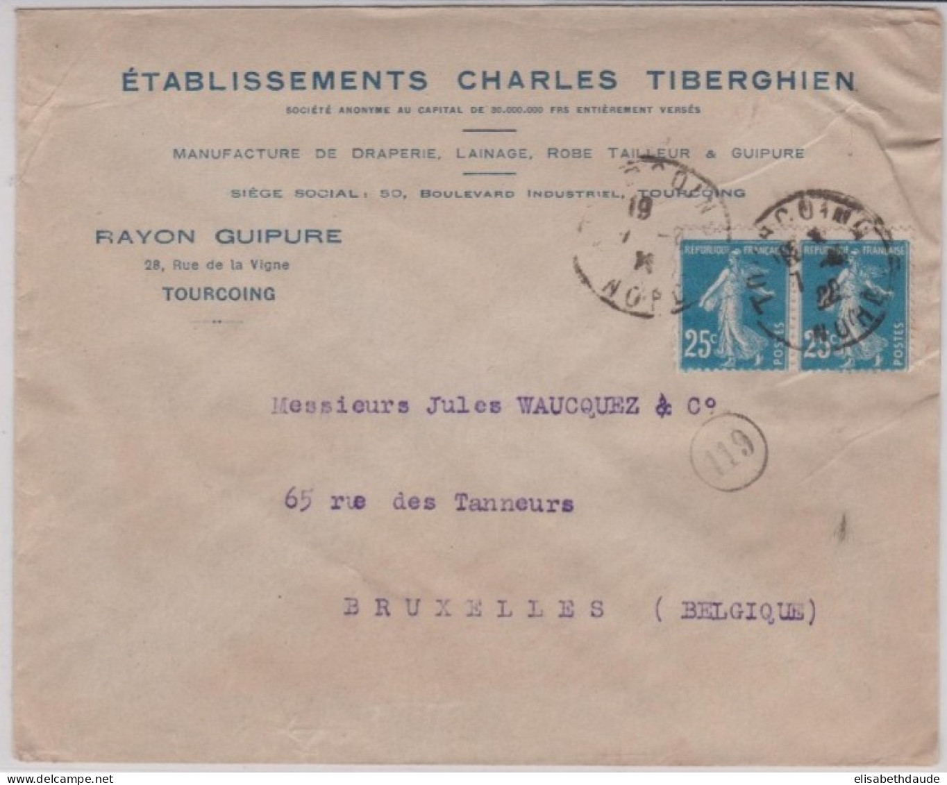 1922 - ENVELOPPE COMMERCIALE ( ETABLISSEMENTS CHARLES TIBERGHIEN ) De TOURCOING ( NORD ) - 1906-38 Semeuse Camée
