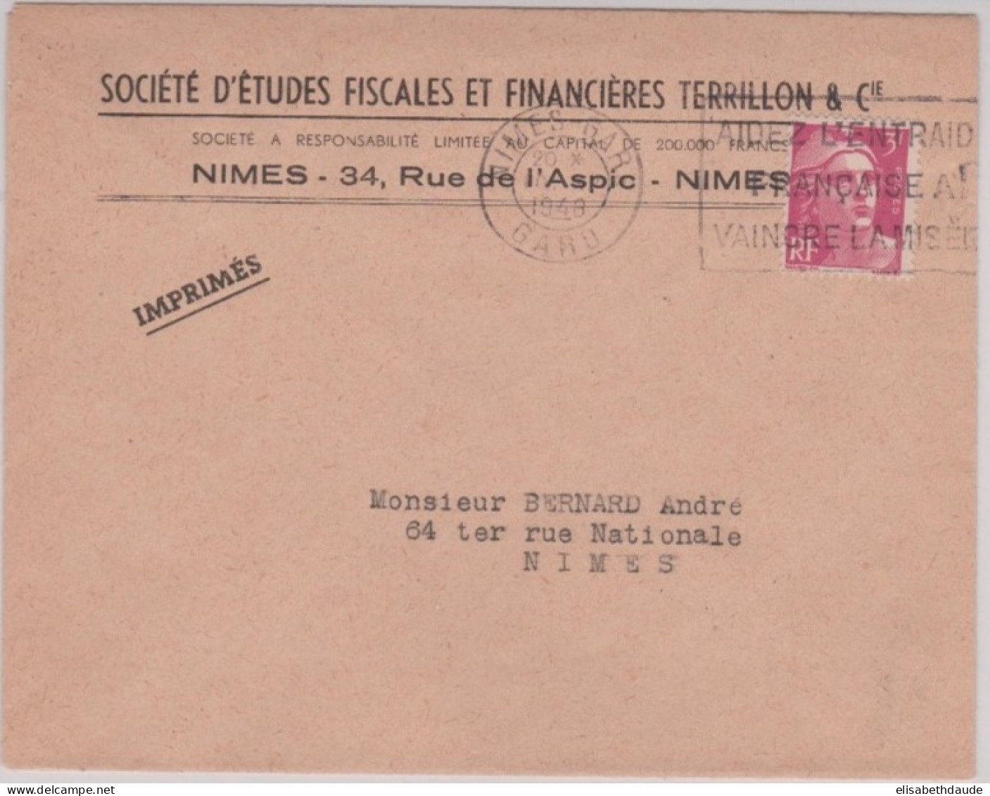 1948 - TARIF IMPRIME ! - GANDON SEUL SUR ENVELOPPE COMMERCIALE De NIMES ( GARD ) - 1945-54 Marianne Of Gandon