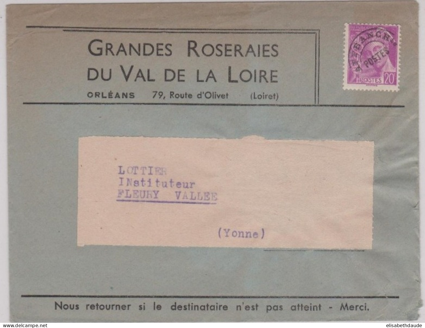 ENVELOPPE COMMERCIALE Avec PREO MERCURE( GRANDES ROSERAIES DU VAL DE LA LOIRE) De ORLEANS ( LOIRET ) - 1938-42 Mercure