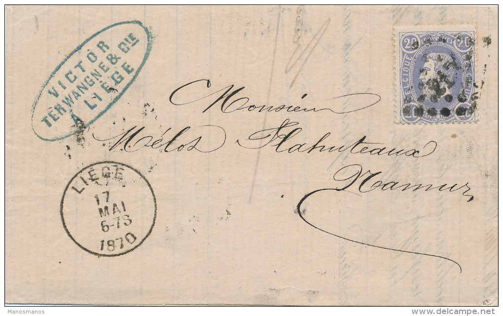 564/22 - 2 Lettres TP 31 à 20 C LIEGE 1870 Vers NAMUR - Une En Port Simple (Mai 1870) , Une En Port Double (Aout 1870) - 1869-1883 Léopold II