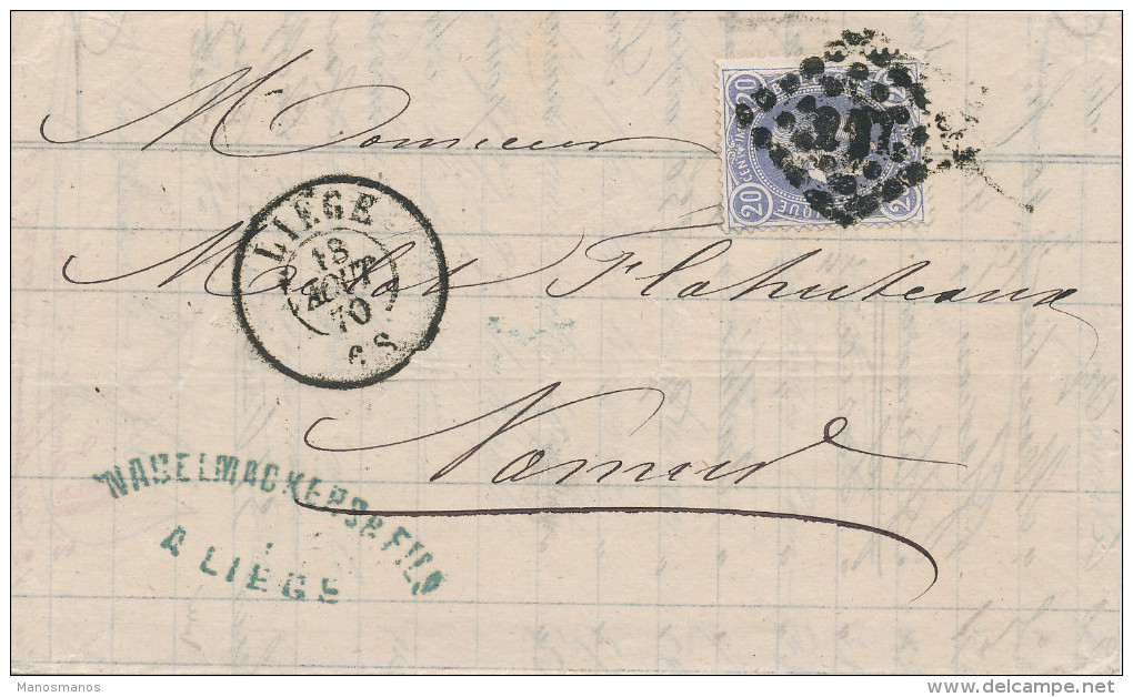 564/22 - 2 Lettres TP 31 à 20 C LIEGE 1870 Vers NAMUR - Une En Port Simple (Mai 1870) , Une En Port Double (Aout 1870) - 1869-1883 Léopold II