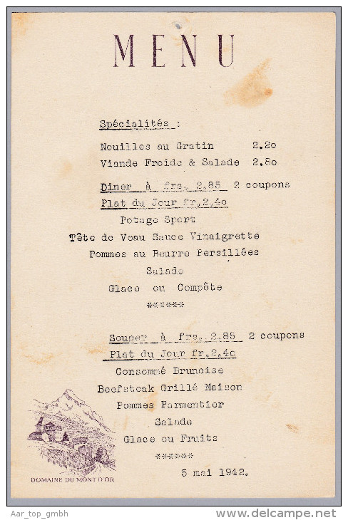 Div. VS 1942.5.5 Menu Spécialitös Domaine Du Mont D'Or - Menus