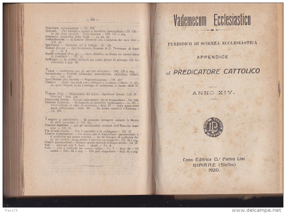 GIARRE   1918  /    Casa Editrice D.r Pietro LISI  " AL  PREDICATORE CATTOLICO "_  RIPOSTO - Tip. " DANTE ALIGHERI " - Religione