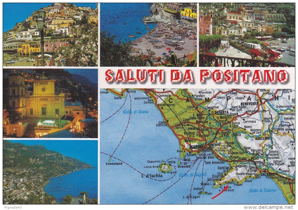 Cp , CARTES Géographiques , Saluti Da Positano , Îtalie , Multi-Vues - Carte Geografiche