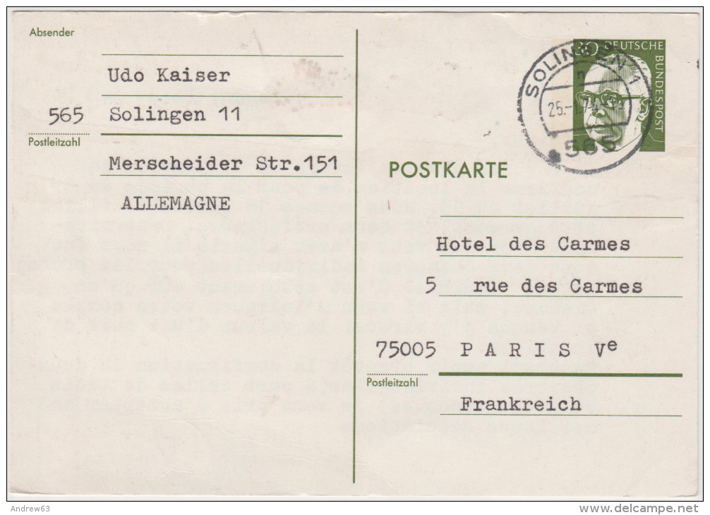 GERMANIA FEDERALE - GERMANY - ALLEMAGNE - Intero Postale - 1974 - 30 - Viaggiata Per Paris - Postcards - Used