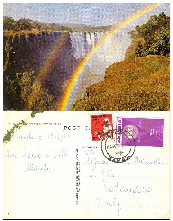 ZAMBIA 1964-5 Postcard Showing Rainbow Over Victorial Falls, VF Used - Zambia