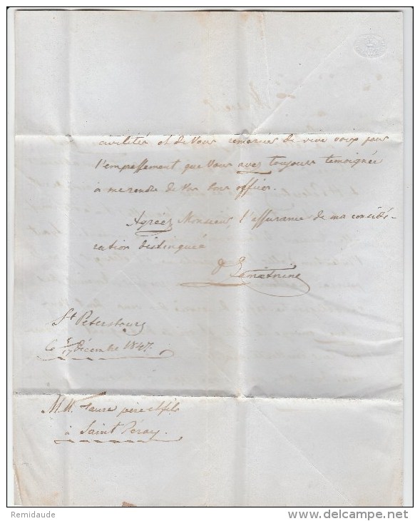 1848 - LETTRE PORT PAYE De ST PETERSBURG (RUSSIE) => ST PERRAY Avec ENTREE "PRUSSE Par FORBACH" + "AUS RUSSLAND FRANCO" - ...-1857 Vorphilatelie