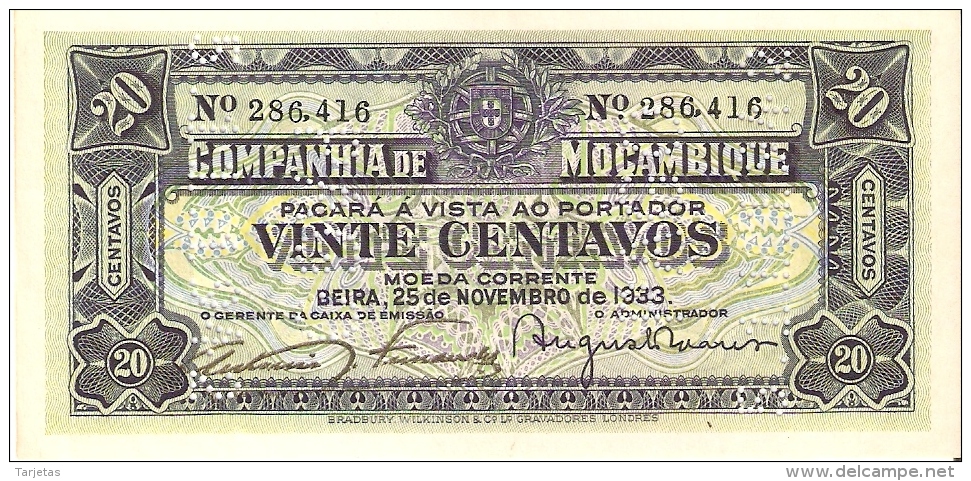 BILLETE DE MOZAMBIQUE DE 20 CENTAVOS DEL AÑO 1933 (BANKNOTE) SIN CIRCULAR-UNCIRCULATED - Mozambique