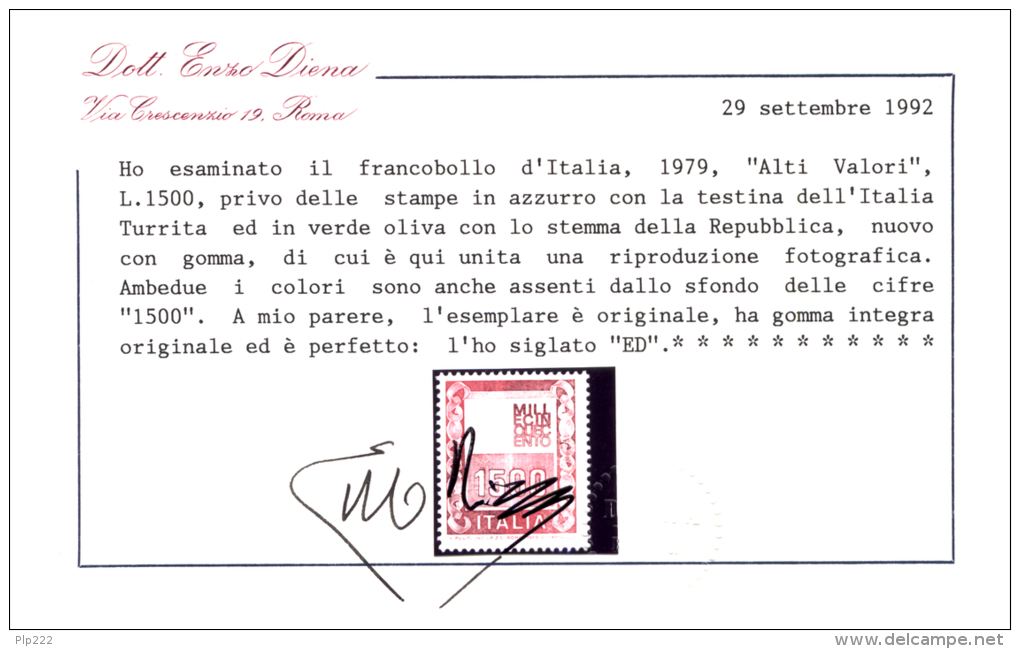 Italia Repubblica 1979 Alto Valore 1500 £ "Senza Testa"  **/MNH VF - Cert. Bolaffi E Enzo Diena - Varietà E Curiosità