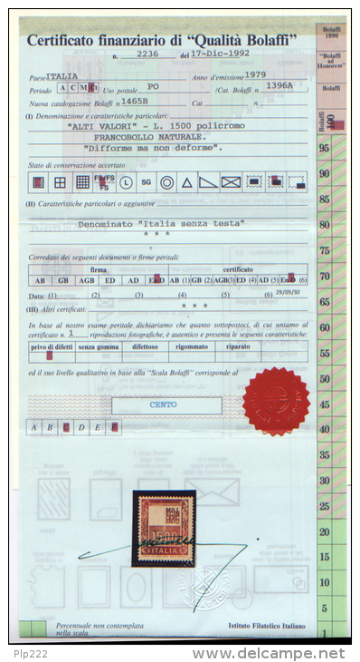 Italia Repubblica 1979 Alto Valore 1500 £ "Senza Testa"  **/MNH VF - Cert. Bolaffi E Enzo Diena - Varietà E Curiosità