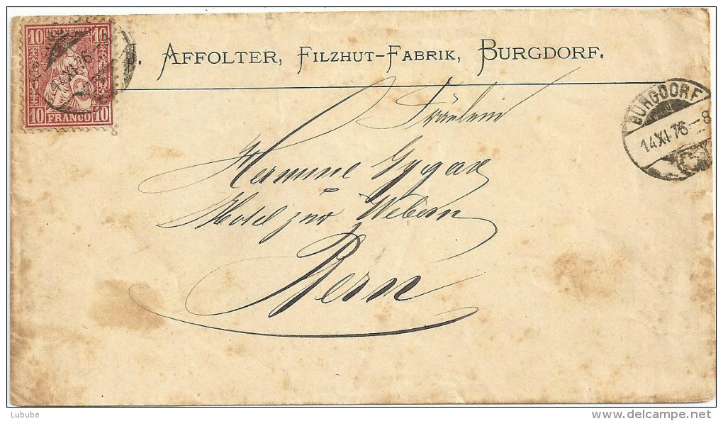 Motiv Brief  "Affolter, Filzhut Fabrik, Burgdorf"         1876 - Briefe U. Dokumente