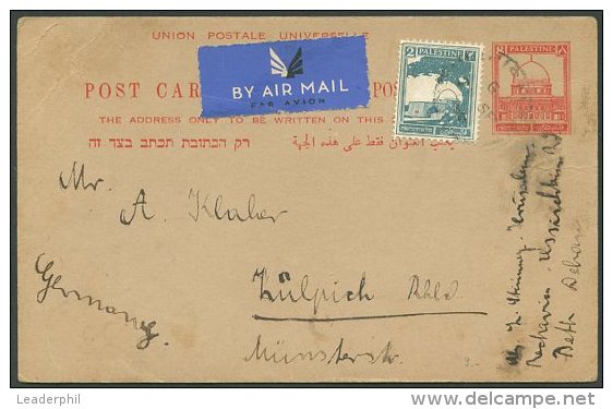 PALESTINE TO GERMANY Air Mail Postal Stationery JERUSALEM CANCELLATION VERY GOOD - Palestine