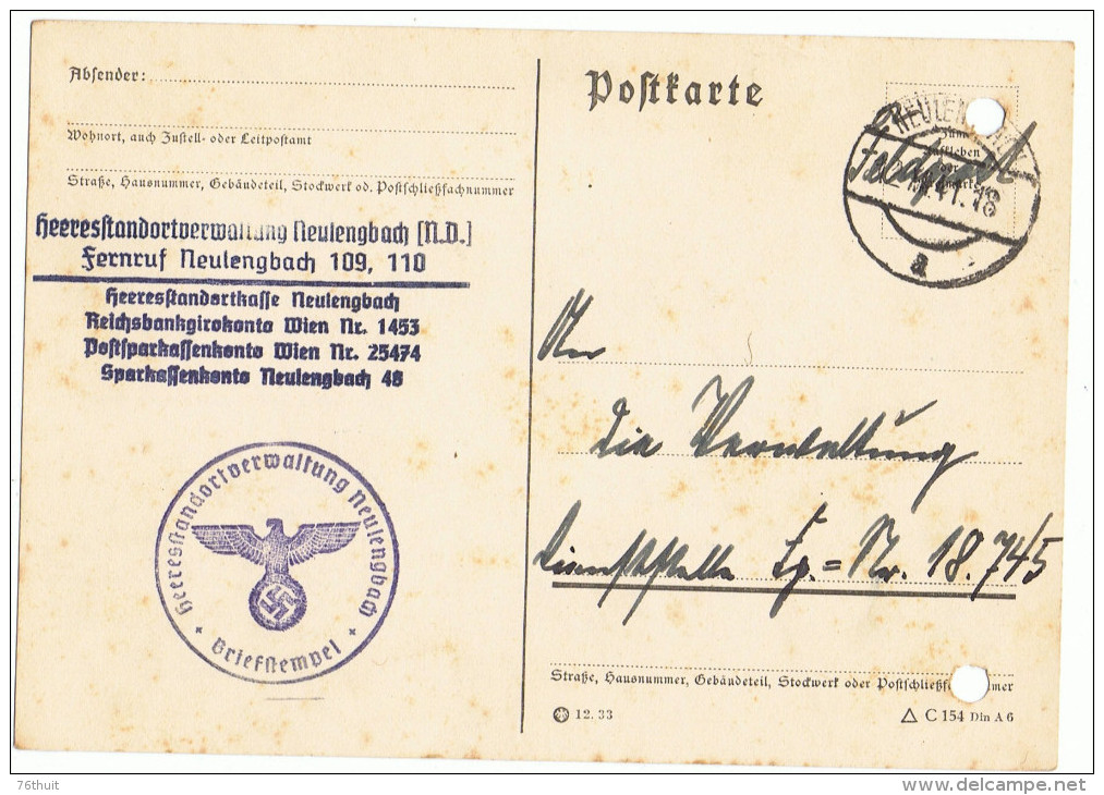 1941 - NEULENGBACH ( Autriche) - IIIème Reich - Postekarte - CPA écrite En Gothique - Belle Oblitération - - Lettres & Documents