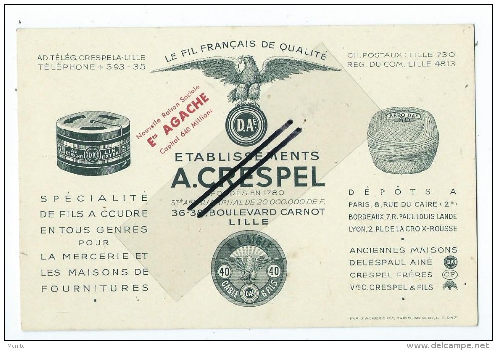 Carte De Visite - Etablissement A. CRESPEL Fils à Coudre  - Lille - Visitekaartjes