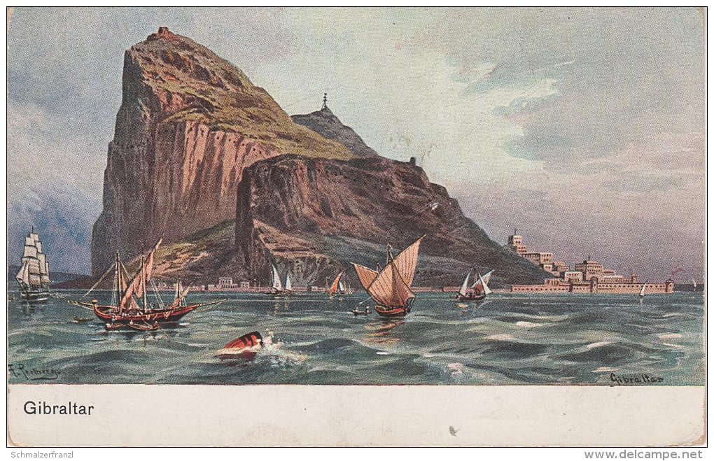 Perlberg Künstlerkarte Litho AK Gibraltar Felsen Hafen ? Serie 752 Mittelmeer No. 4 - Perlberg, F.