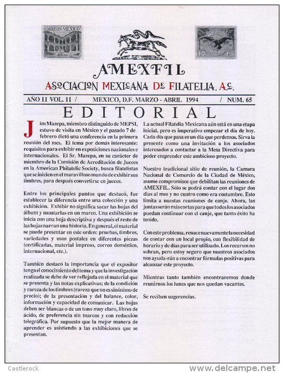 G)1994 MEXICO, AMEXFIL MAGAZINE, SPECIALIZED IN MEXICAN STAMPS, YEAR 11 VOL. 11-MAR-APR- 1994-NUM. 65, XF - Espagnol