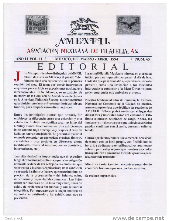 G)1994 MEXICO, AMEXFIL MAGAZINE, SPECIALIZED IN MEXICAN STAMPS, YEAR 11 VOL. 11-MAR-APR- 1994-NUM. 65, XF - Spagnolo