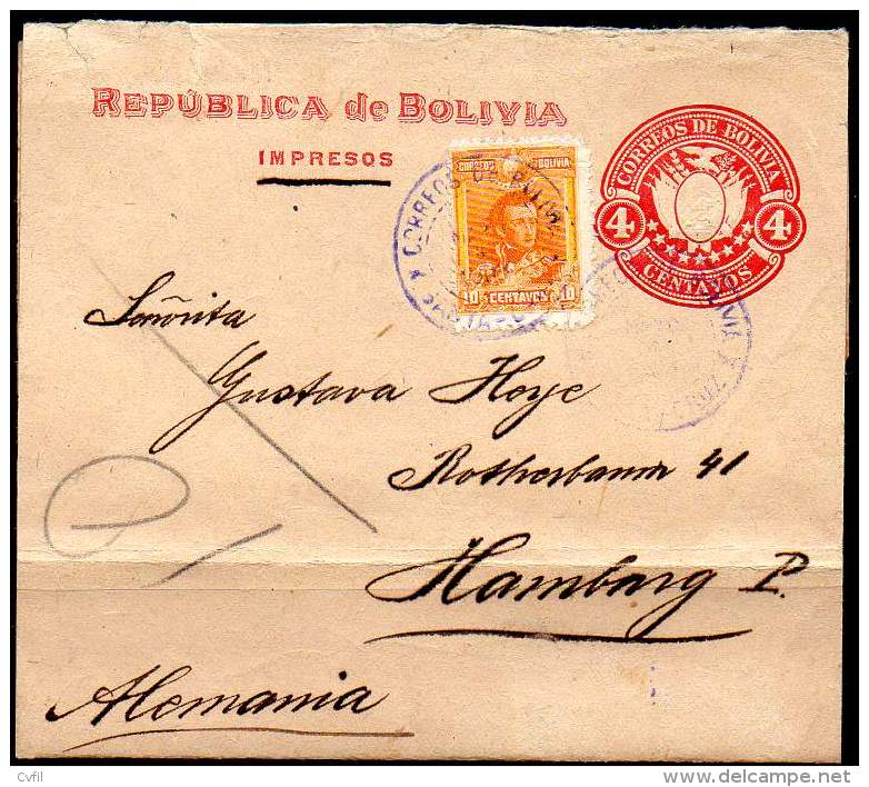 BOLIVIA 1908 - Entire Wrapper Of 4c With Additional Postage To Germany - Bolivia