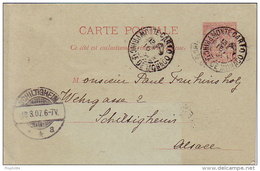 MONACO - ENTIER POSTAL DE MONTE CARLO PRINCIPAUTE DE MONACO LE 16-3-1907 POUR L'ALSACE. - Poststempel