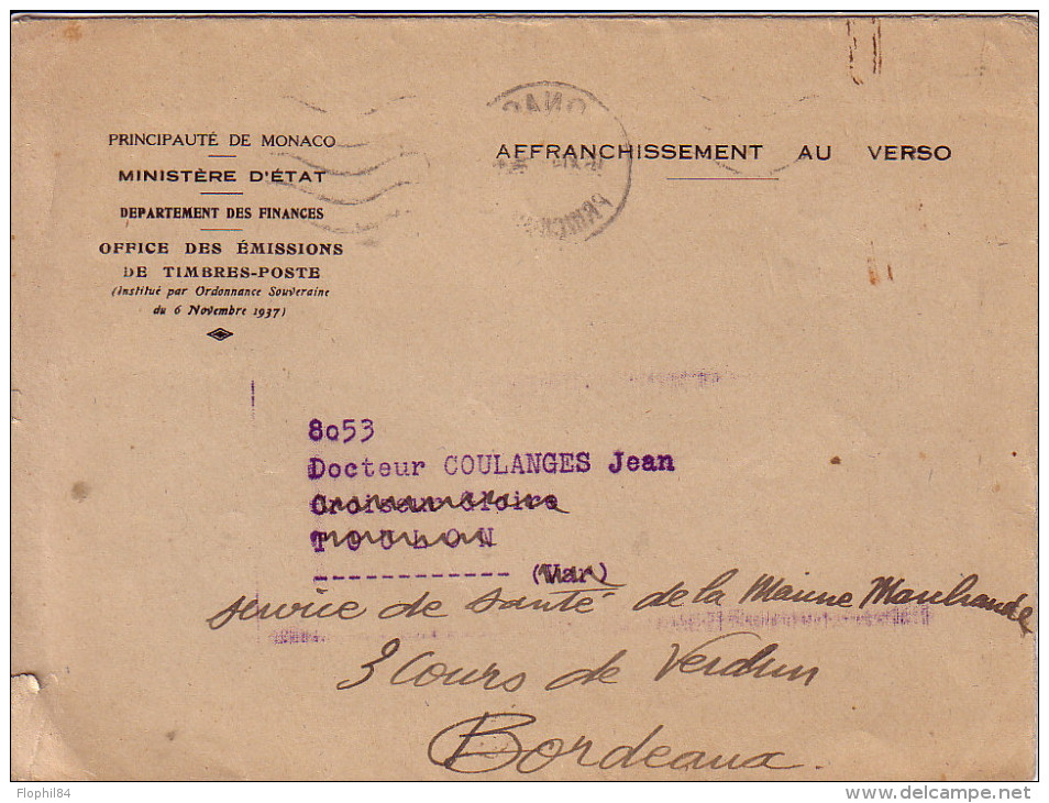 MONACO - PRICIPAUTE LE 16-11-1949 - CACHET DE LA POSTE NAVALE CROISEUR GLOIRE LE 17-11-1949. - Postmarks
