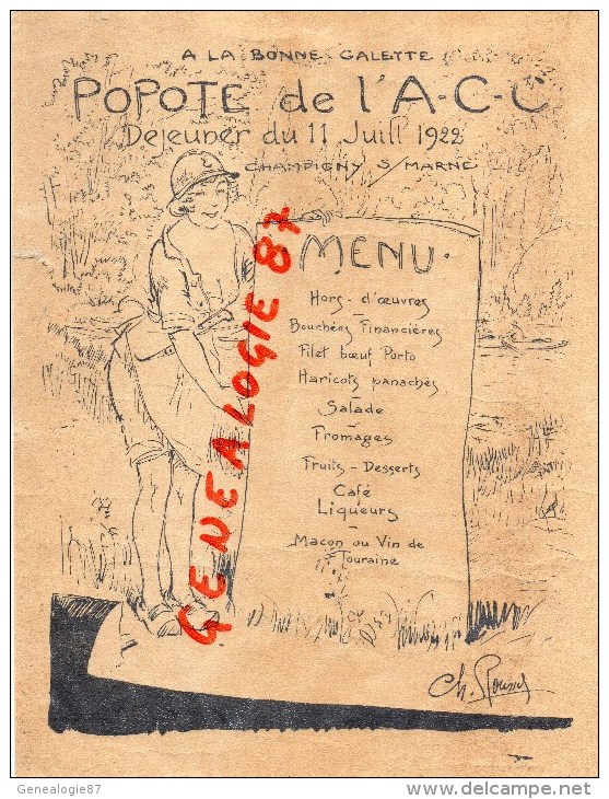 94 - CHAMPIGNY SUR MARNE - MENU A LA BONNE GALETTE -POPOTE DE L' A.C.C. 11 JUILLET 1922- ILLUSTRATEUR CHARLES ROUSSEL - Menükarten