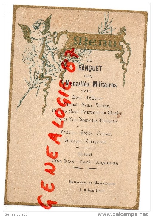 73 - BARBERAZ CHAMBERY - RARE MENU DU BANQUET DES MEDAILLES MILITAIRES -RESTAURANT DU MONT CARMEL -8 JUIN 1913 - Menú