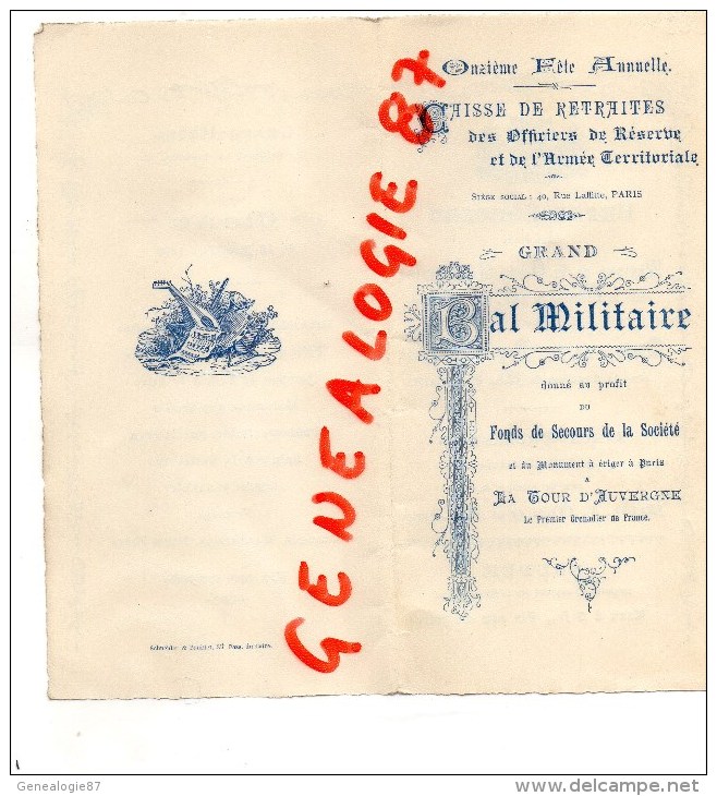 75002 - PARIS - GRAND BAL MILITAIRE A L' OPERA -19 DECEMBRE 1896-TOUR D' AUVERGNE - CARNET DE BAL- MENU GRAND HOTEL - Menus