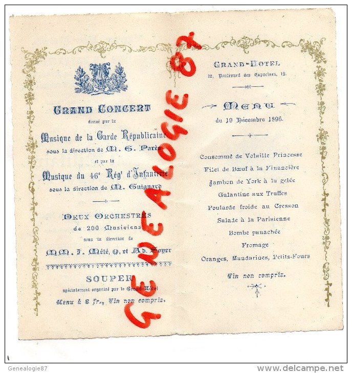 75002 - PARIS - GRAND BAL MILITAIRE A L' OPERA -19 DECEMBRE 1896-TOUR D' AUVERGNE - CARNET DE BAL- MENU GRAND HOTEL - Menükarten