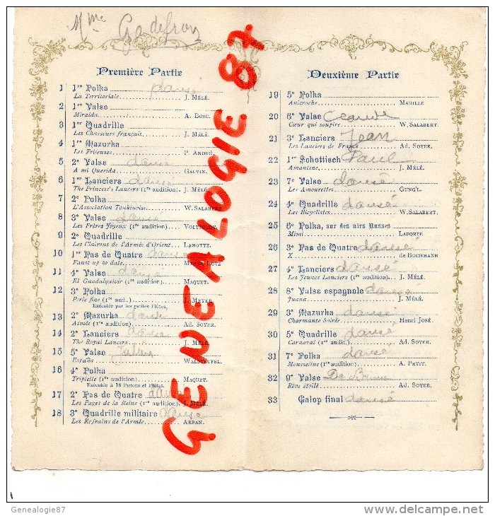 75002 - PARIS - GRAND BAL MILITAIRE A L' OPERA -19 DECEMBRE 1896-TOUR D' AUVERGNE - CARNET DE BAL- MENU GRAND HOTEL - Menükarten