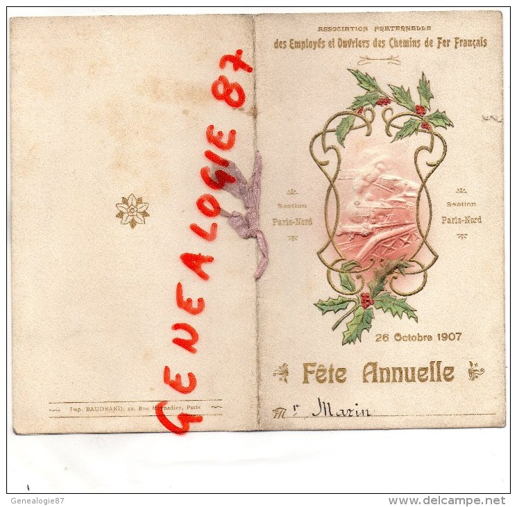 75011 -75 - PARIS - RARE MENU -SNCF-CHEMINS  FER- LECOMTE-DUQUENOY- REPUBLIQUE -1907-31E REGIMENT INFANTERIE CHOMEL - Menú