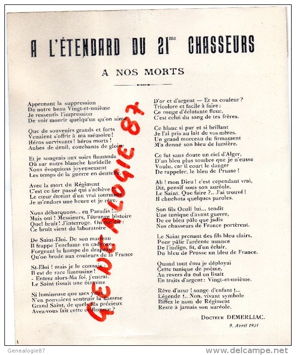 19 - BRIVE- RARE MENU DINER UNION AMICALE DES ANCIENS DU 21E CHASSEURS A CHEVAL-1927-HOTEL BOULE D'OR-DEMERLIAC - Menus